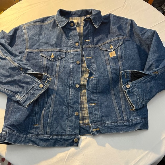 Vintage 90's Carhartt Mens Denim Jacket Blue Flannel Lined XXL Tall Workwear - Picture 1 of 14